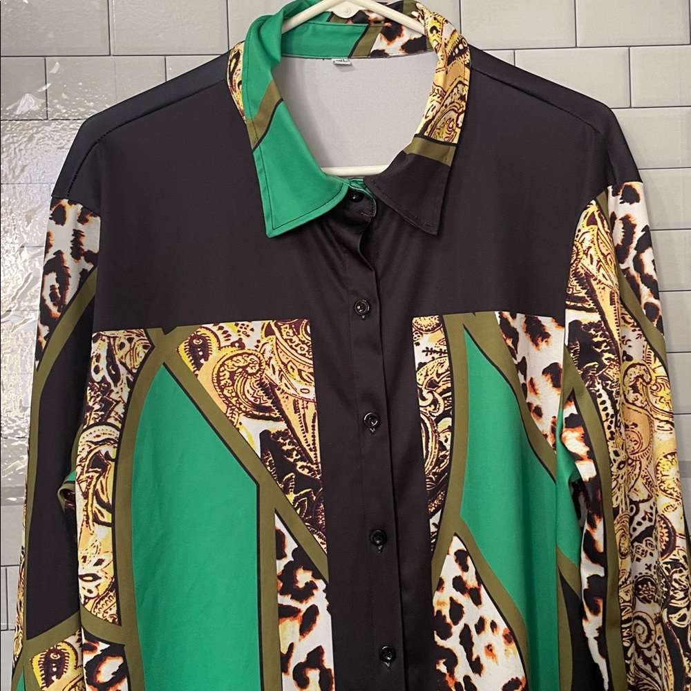 Chic Patchwork Leopard & Paisley Print Mini Shirt… - image 2